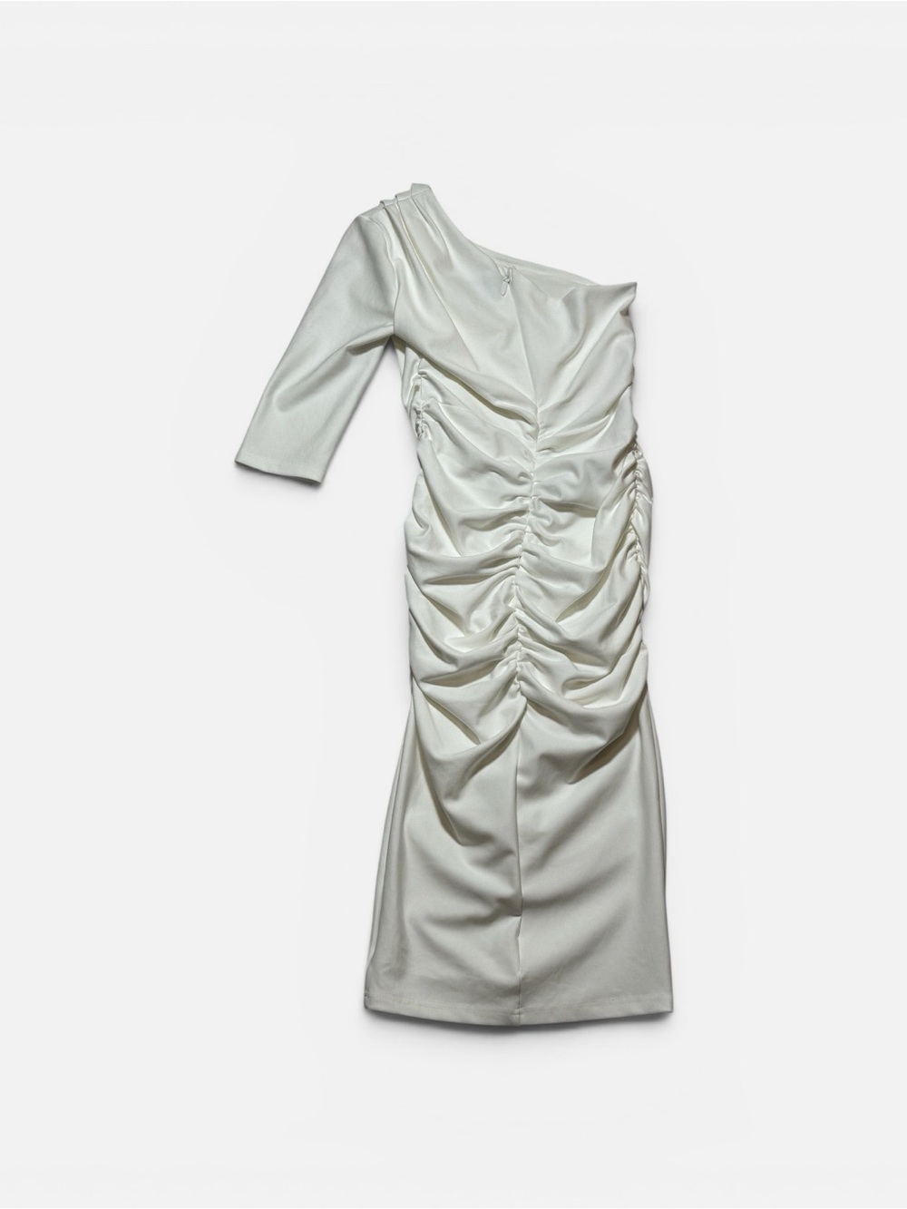 Alieva Dolly Bodycon White One-Shoulder Fitted Ruched Midi Dress with Belt Sz L - Picture 7 of 15